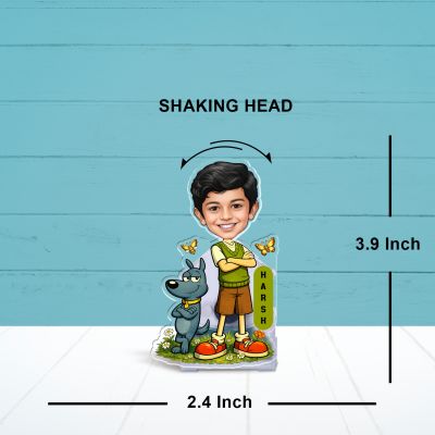 Personalized Boy Bobblehead Caricature with Dog and Butterflies, Solar Powered Moving Head for Car Interior Decor Accessories & Home Decor Funny Birthday Gift for Kids